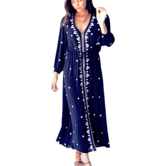 Natural Life Brae Embroidered Navy Midi Maxi Dress Size L - Picture 1 of 12